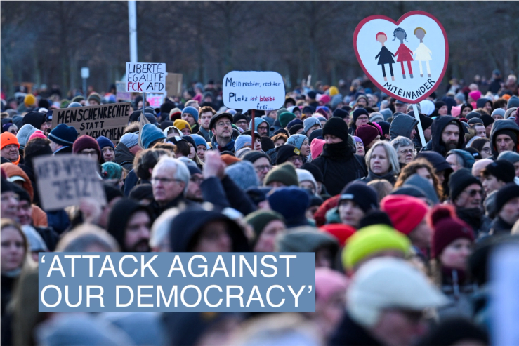 People gather in front of the Reichstag building, seat of the lower house of parliament Bundestag, and near the chancellery building as they attend a demonstration of a broad alliance under the slogan #TogetherAgainstRight to protest against the Alternative for Germany party (AfD), right-wing extremism and for the protection of democracy, in Berlin, Germany, January 21, 2024. REUTERS/Annegret Hilse