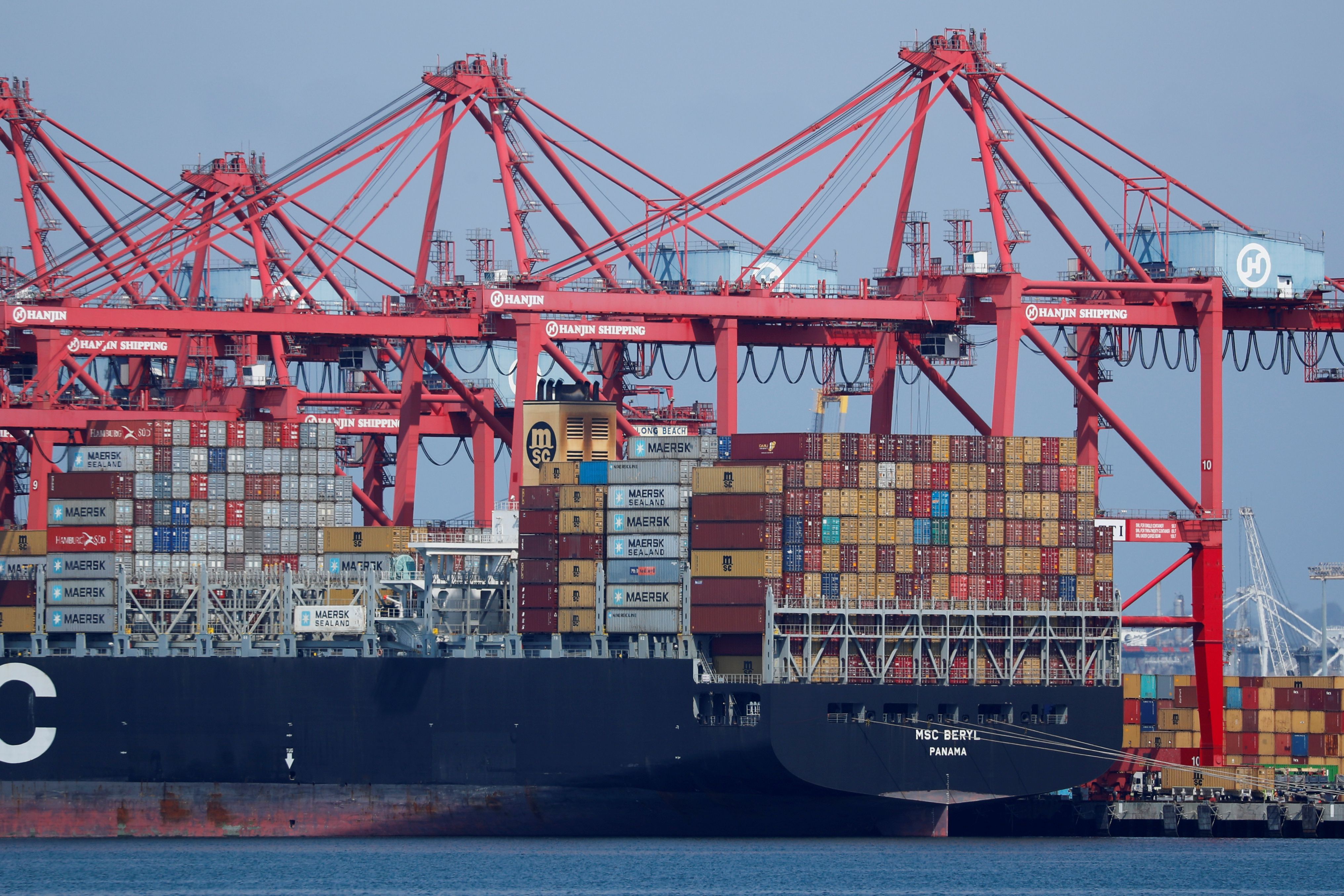 A container ship is shown at port in Long Beach, California.