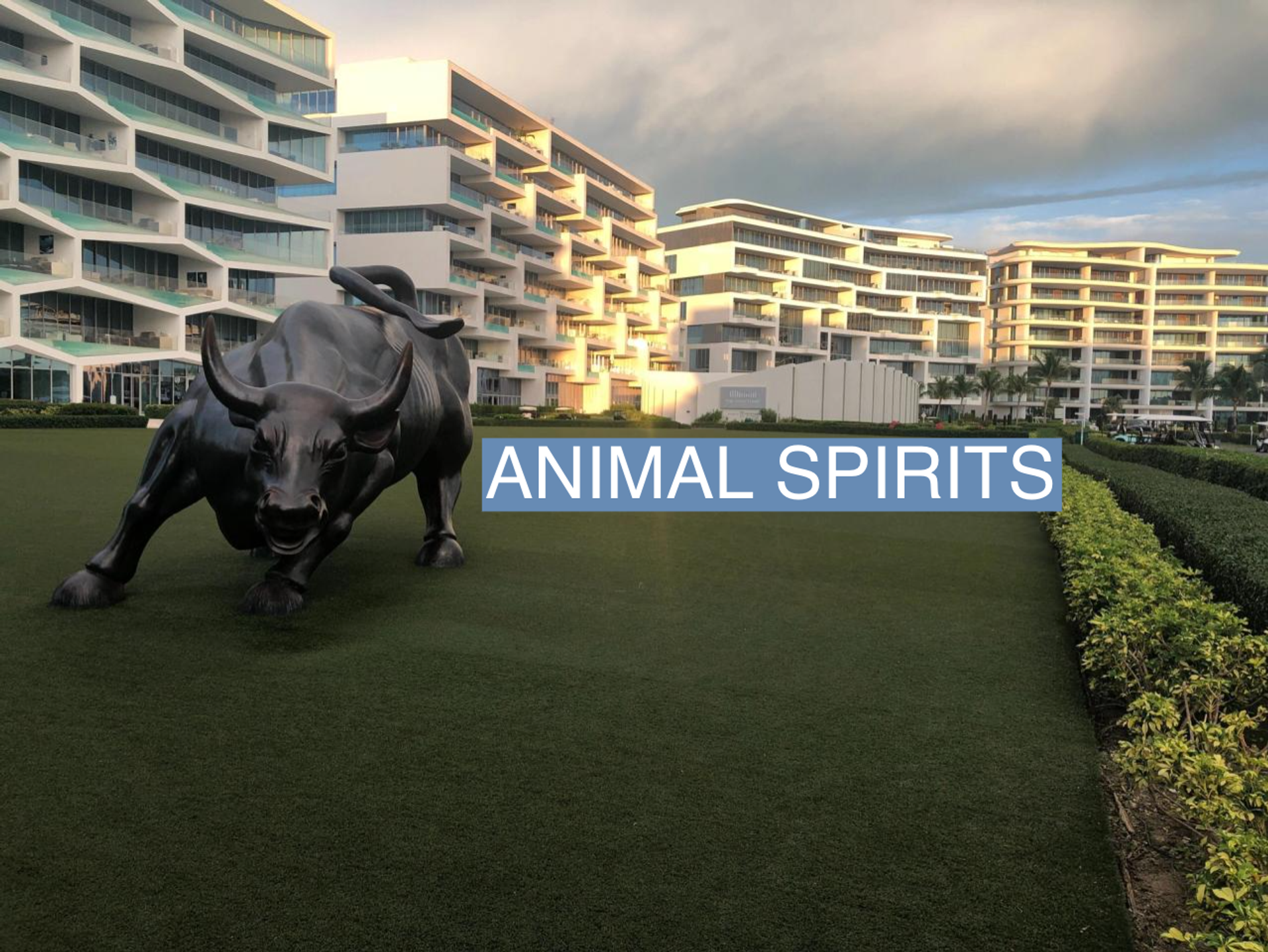 A replica of Wall Street's charging bull statue sits in the marina of the Albany resort