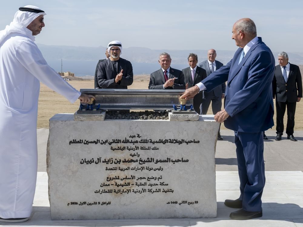 Abu Dhabi Crown Prince Sheikh Khaled bin Mohamed and Jordan’s King Abdullah II breaking ground on the new Jordan-UAE railway.