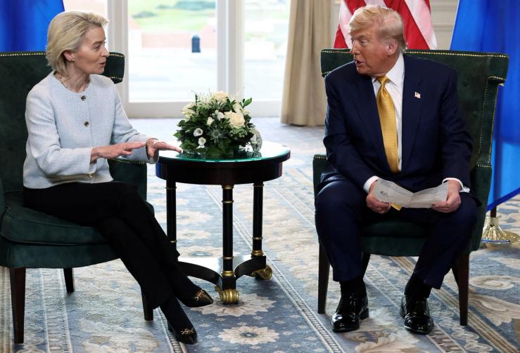 European Commission President Ursula von der Leyen speaks with US President Donald Trump.