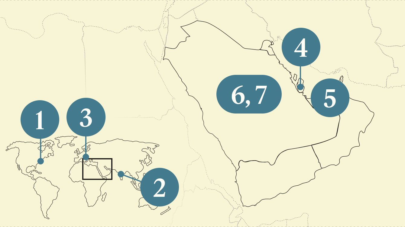 A numbered map of the Gulf region.