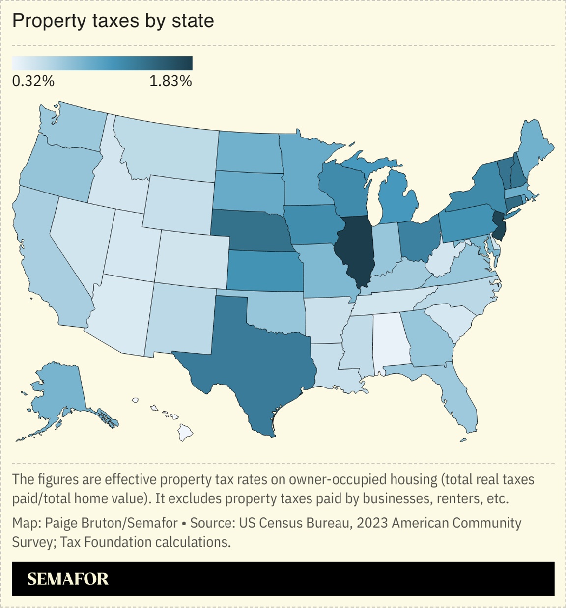 A map showing the property tax rates by state.