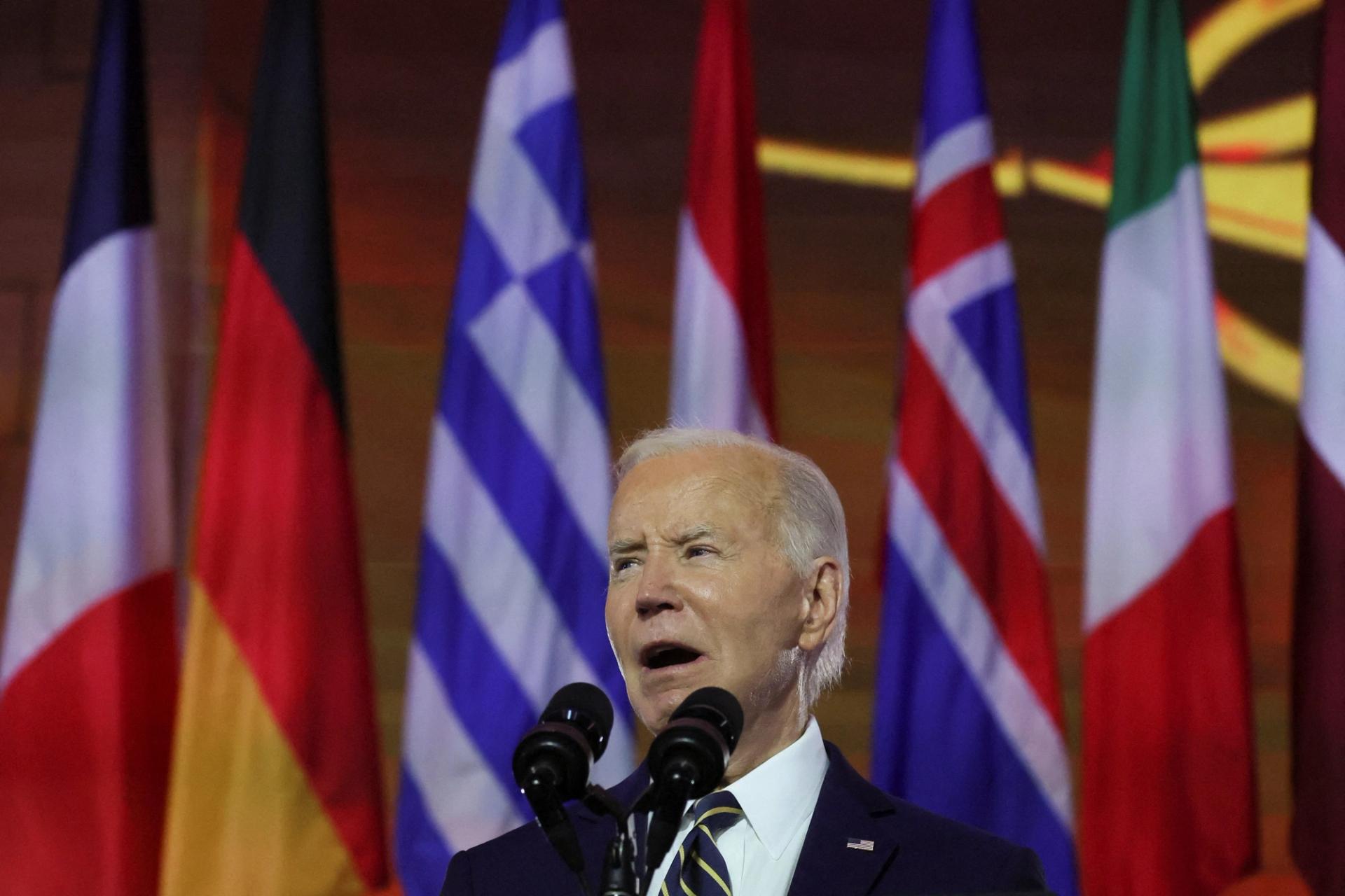 U.S. President Joe Biden delivers remarks at a NATO event to commemorate the 75th anniversary of the alliance, in Washington, U.S., July 9, 2024. REUTERS/Leah Millis