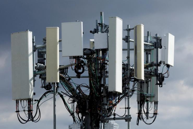 A large cell phone tower if shown in Santa Ana, California.