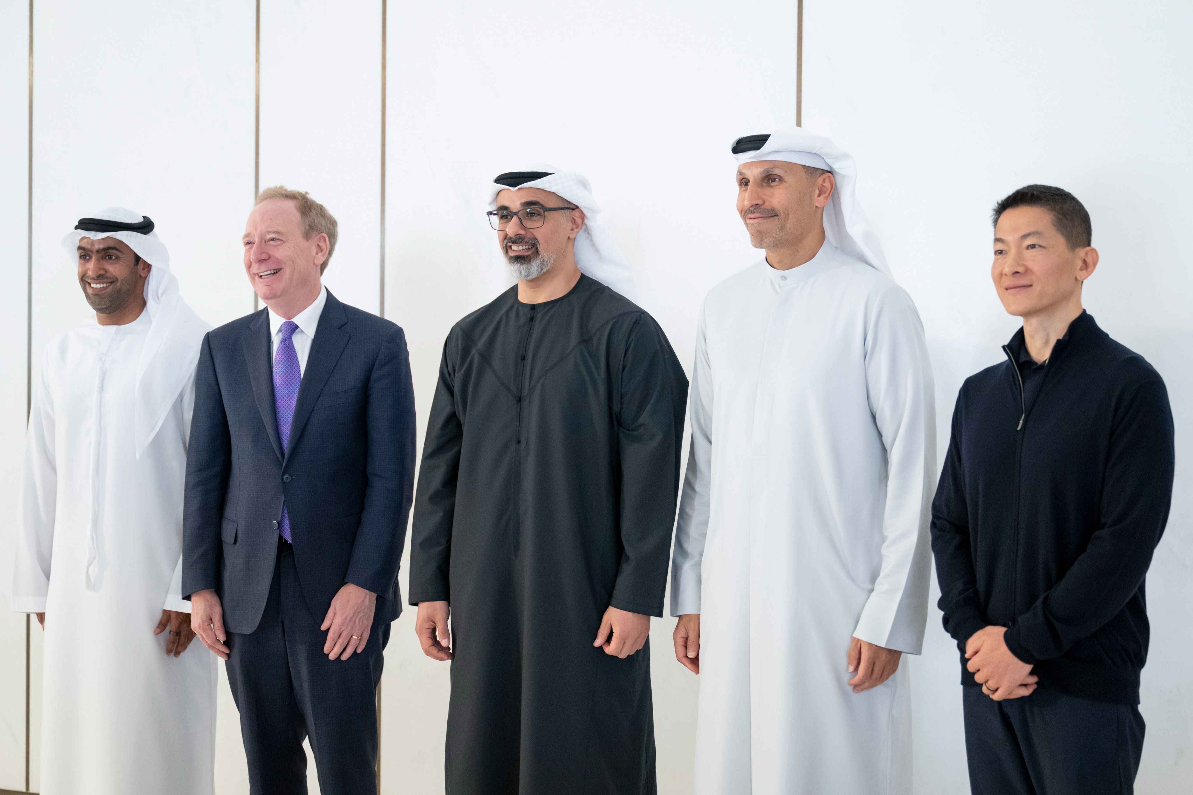  Microsoft’s Brad Smith (second, left) in the UAE alongside G42 Group COO Mansoor AlMansoori, Abu Dhabi Crown Prince Sheikh Khaled bin Mohamed bin Zayed, Mubadala’s Khaldoon Al Mubarak, and G42 CEO Peng Xiao.