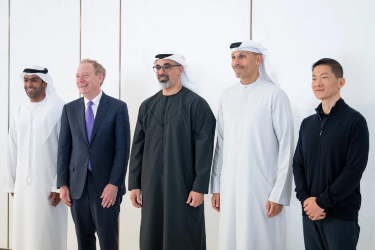 Microsoft’s Brad Smith (second, left) in the UAE alongside G42 Group COO Mansoor AlMansoori, Abu Dhabi Crown Prince Sheikh Khaled bin Mohamed bin Zayed, Mubadala’s Khaldoon Al Mubarak, and G42 CEO Peng Xiao.