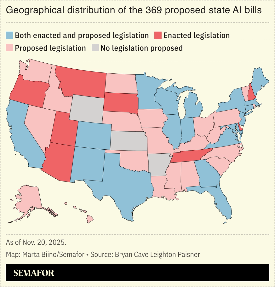 A chart showing the geographical distribution of the 369 proposed state AI bills.