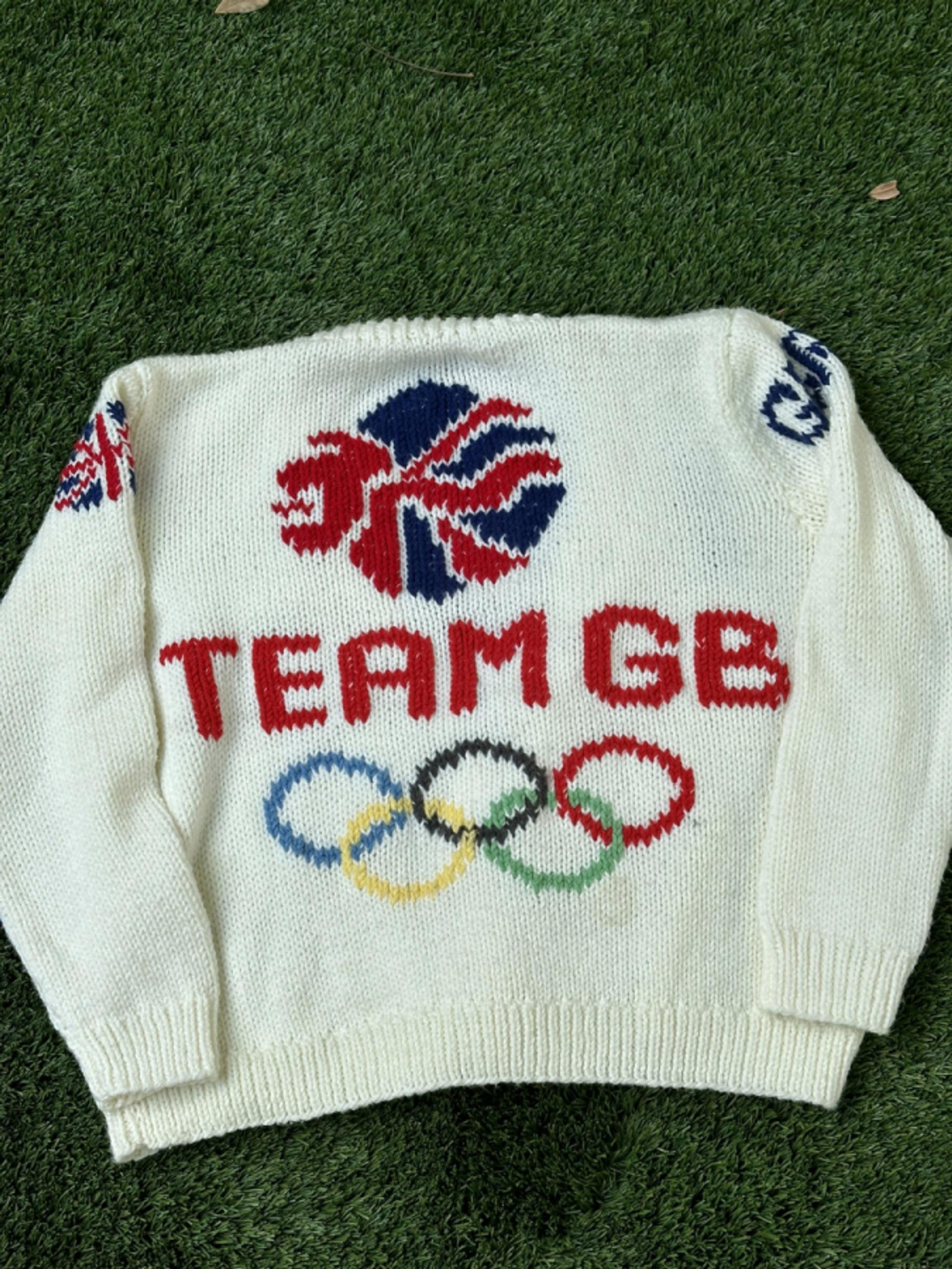 A sweater knitted by Tom Daley that reads Team GB.