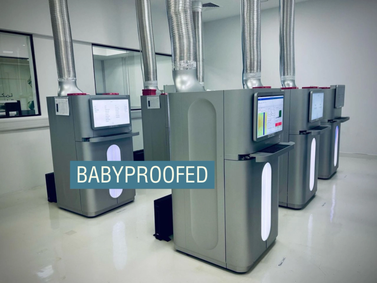 Sequencing technology at work at an M42 facility, with the annotation: “BABYPROOFED.”