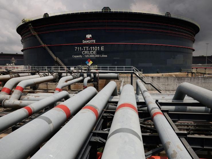 A Dangote crude oil tank is seen inside the Dangote Industries oil refinery and fertilizer plant site in the Ibeju Lekki district of Lagos, Nigeria March 2, 2026.