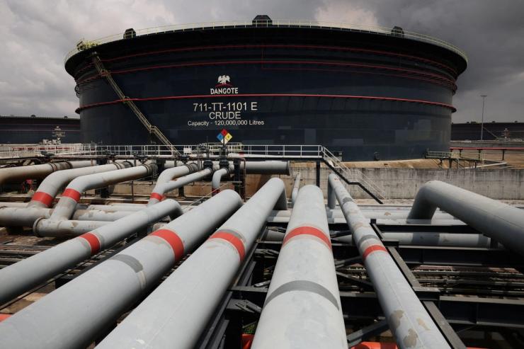 A Dangote crude oil tank is seen inside the Dangote Industries oil refinery and fertilizer plant site in the Ibeju Lekki district of Lagos, Nigeria March 2, 2026.