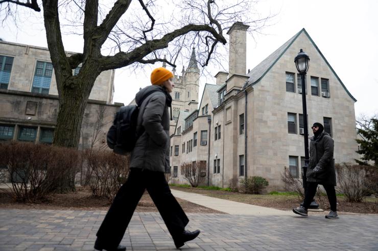 Students walk near academic buildings at Northwestern University.