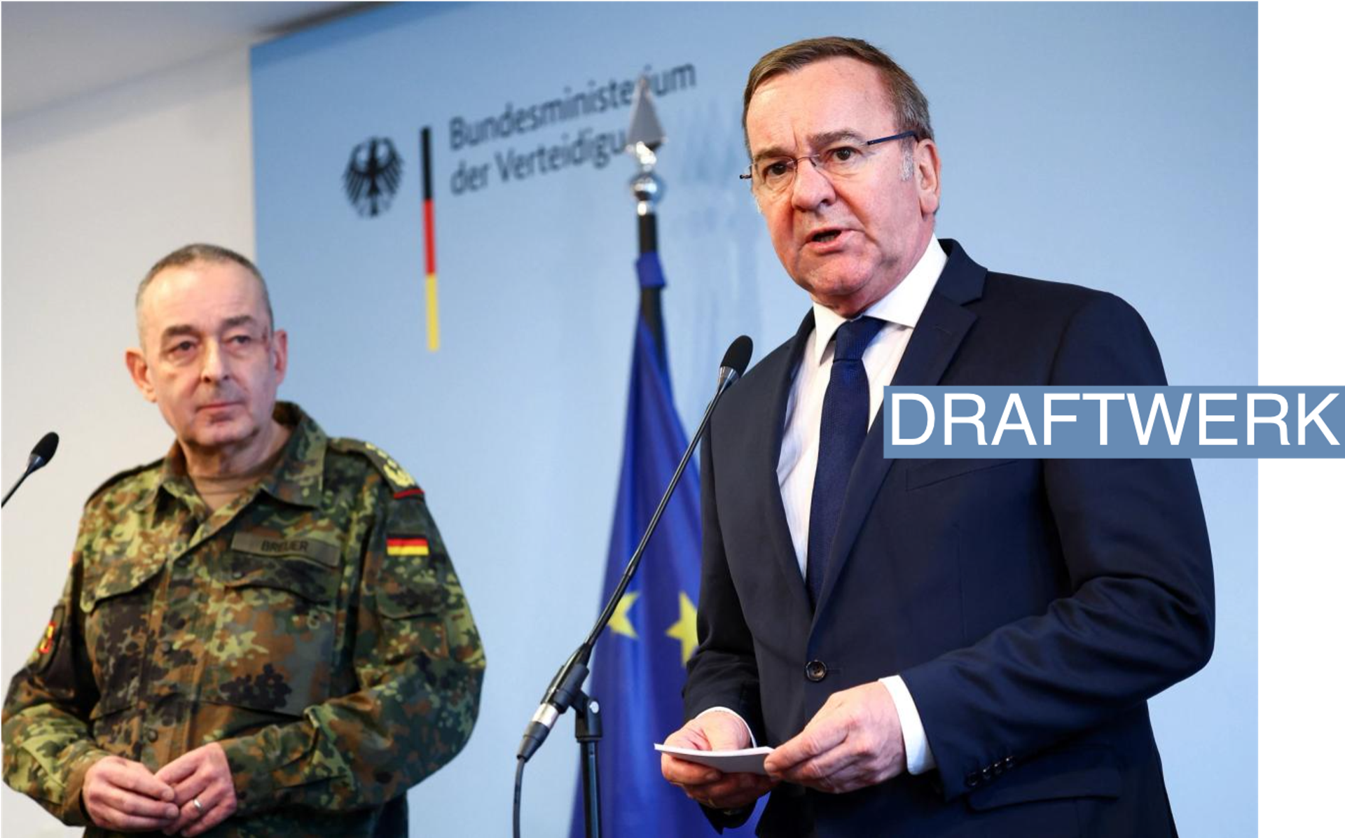 Inspector General of the Bundeswehr Carsten Breuer listens as German Defence Minister Boris Pistorius announces the decision of the new general structure of the armed forces, in Berlin, Germany April 4, 2024.