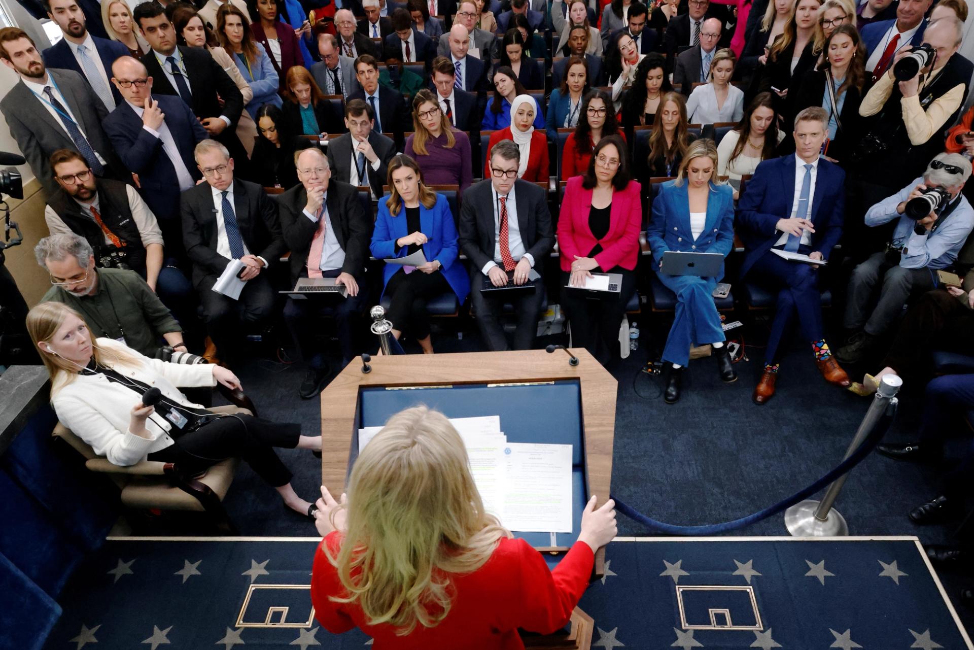 White House Press Secretary Karoline Leavitt speaks during a press briefing at the White House in Washington, DC, U.S., February 25, 2025.