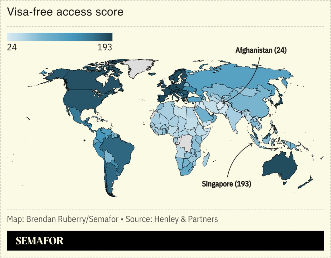 Map showing visa-free access score of world nations