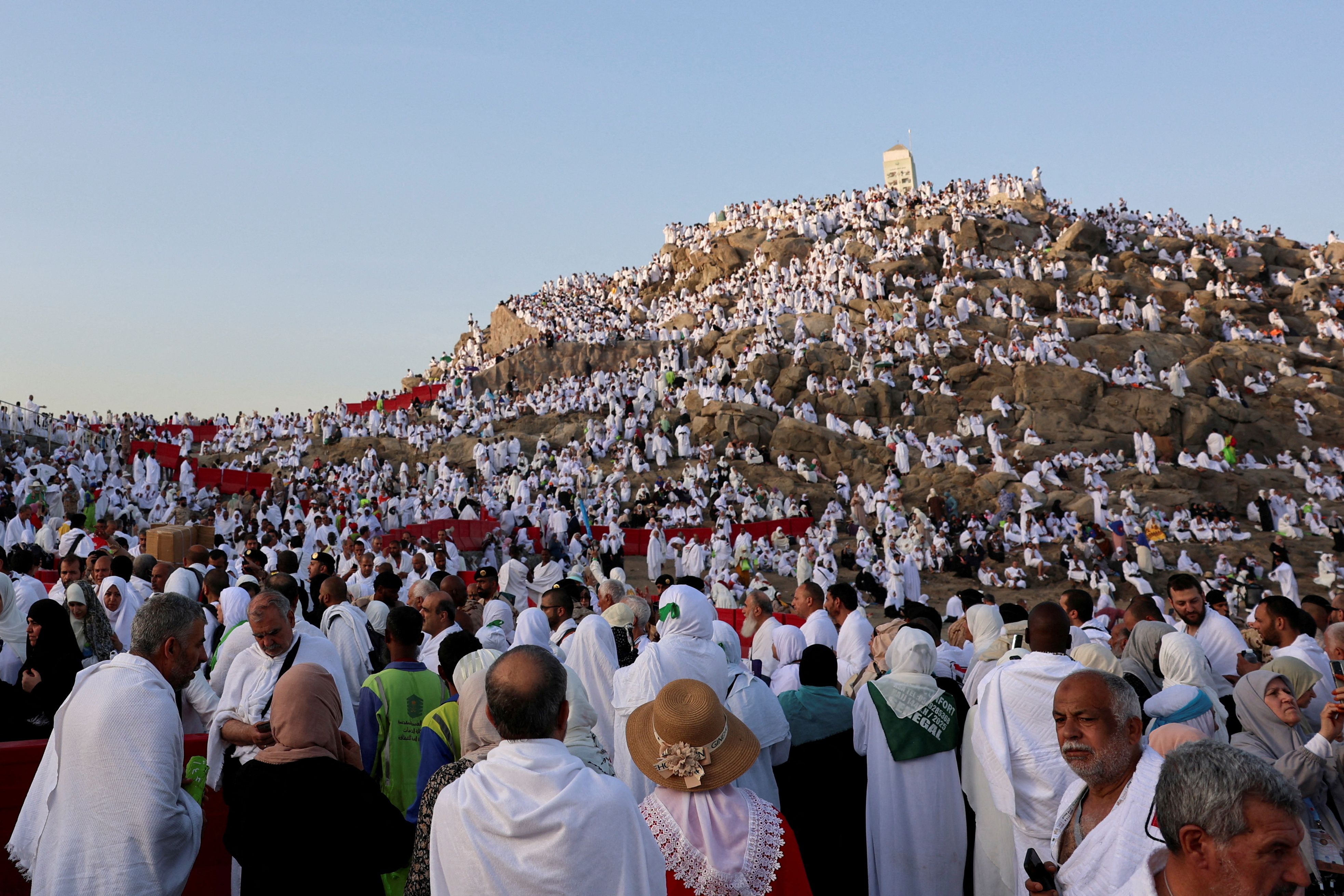 Muslim pilgrims gather at Jabal al-Rahmah, also known as Mount Arafat, during the annual hajj pilgrimage.