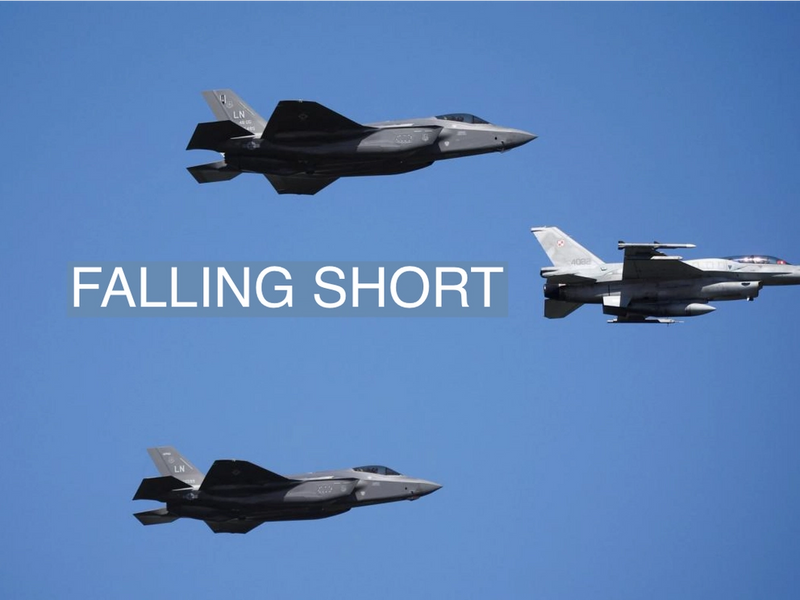 U.S Air Force F-35 jets and Polish Air Force F-16 jet participate in the military parade on Armed Forces Day, celebrated annually on August 15 to commemorate Poland's victory over the Soviet Union's Red Army in 1920, in Warsaw, Poland, August 15, 2023. REUTERS/Kacper Pempel