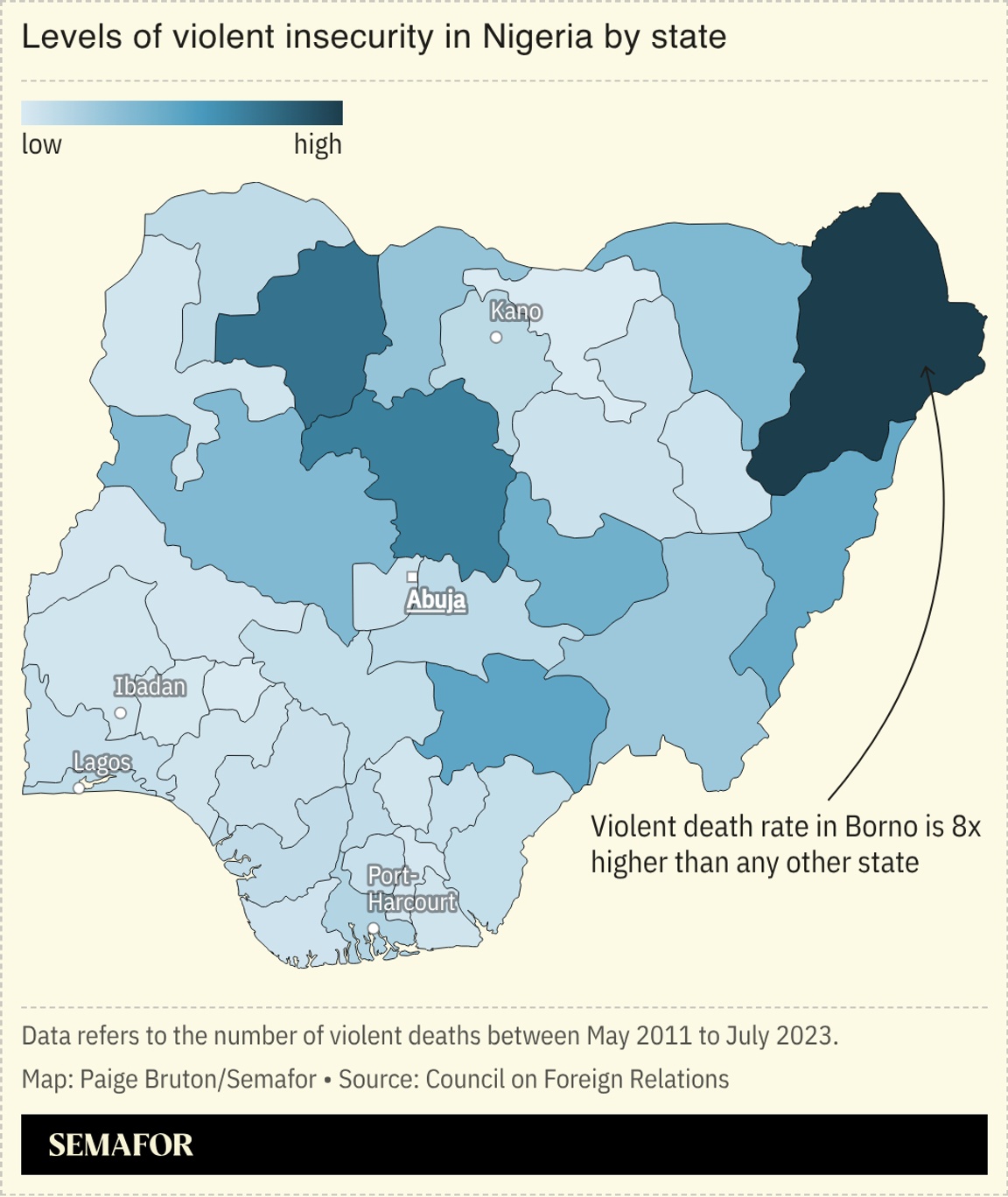 A map showing the levels of violent insecurity in Nigeria by state.