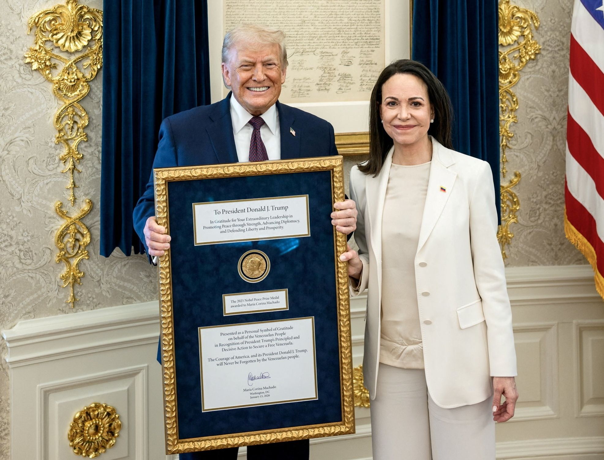 President Trump meets with Venezuelan opposition leader Maria Corina Machado in the Oval Office.