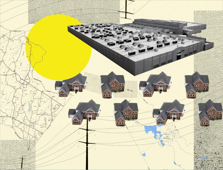 A graphic showing houses near a data center.