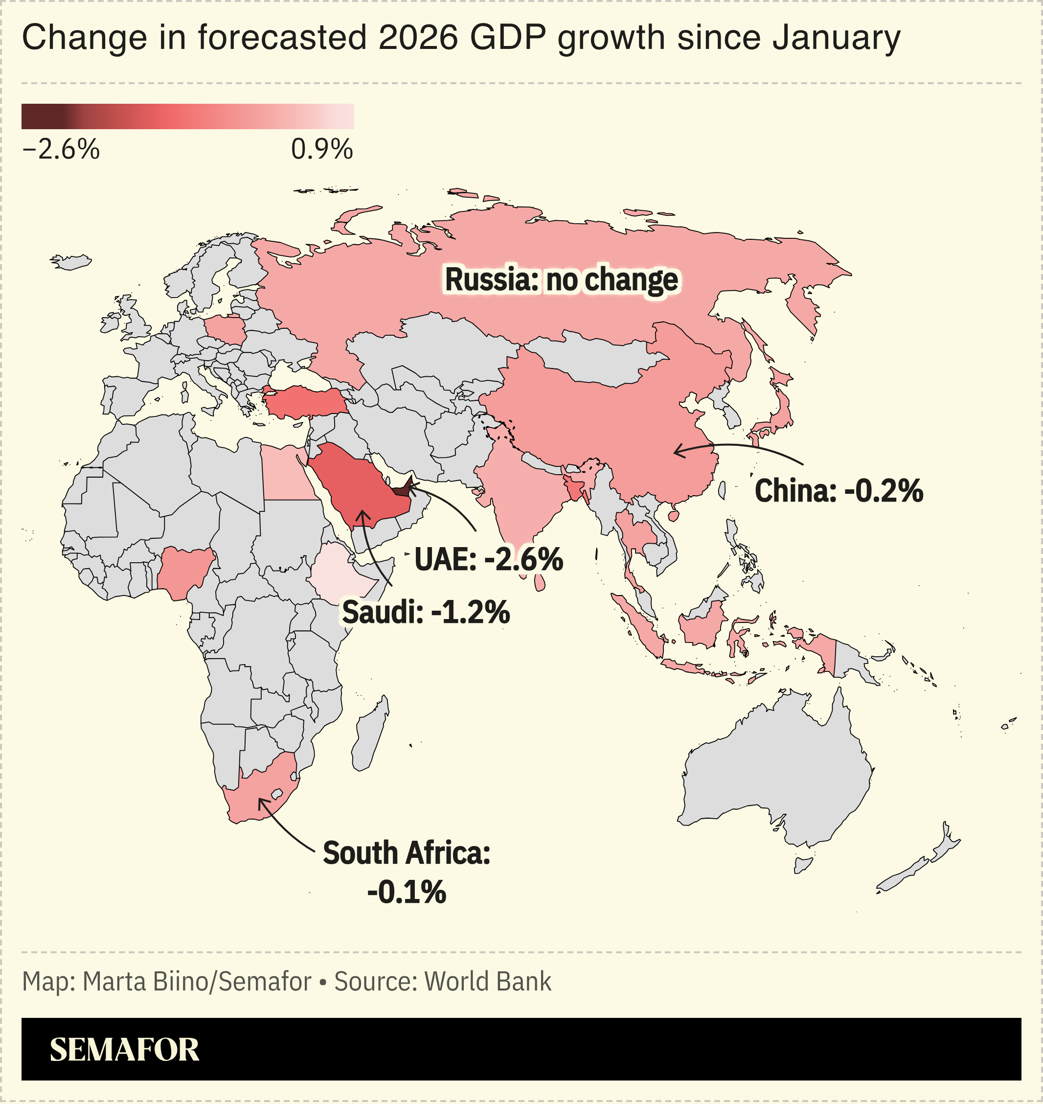 A map showing the change in forecasted GDP growth, according to the World Bank.