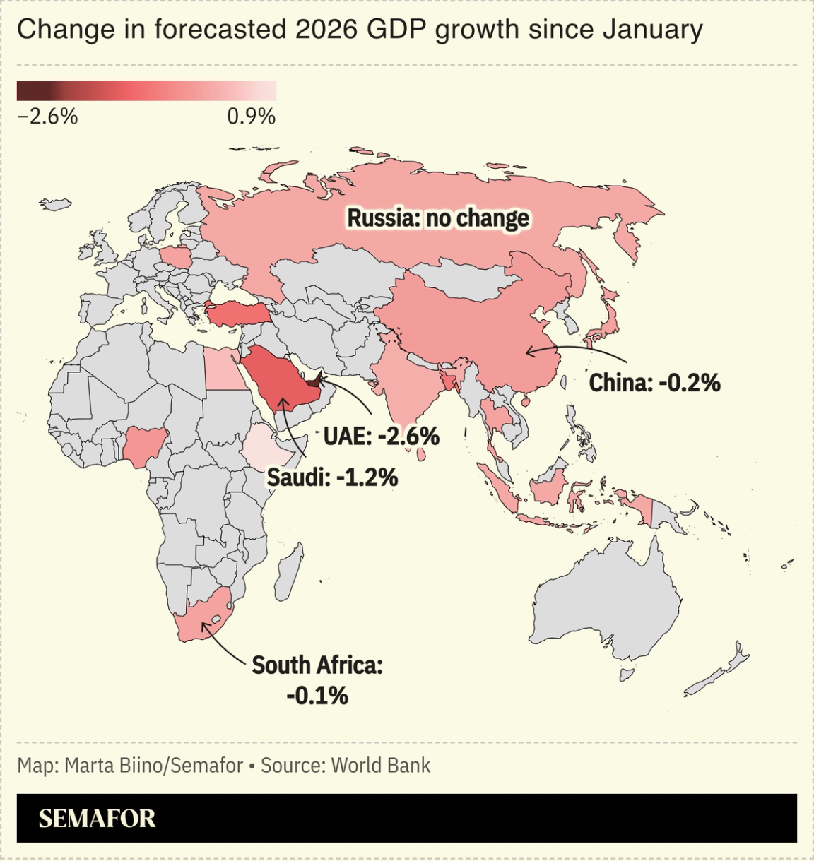 A map showing the change in forecasted GDP growth, according to the World Bank.