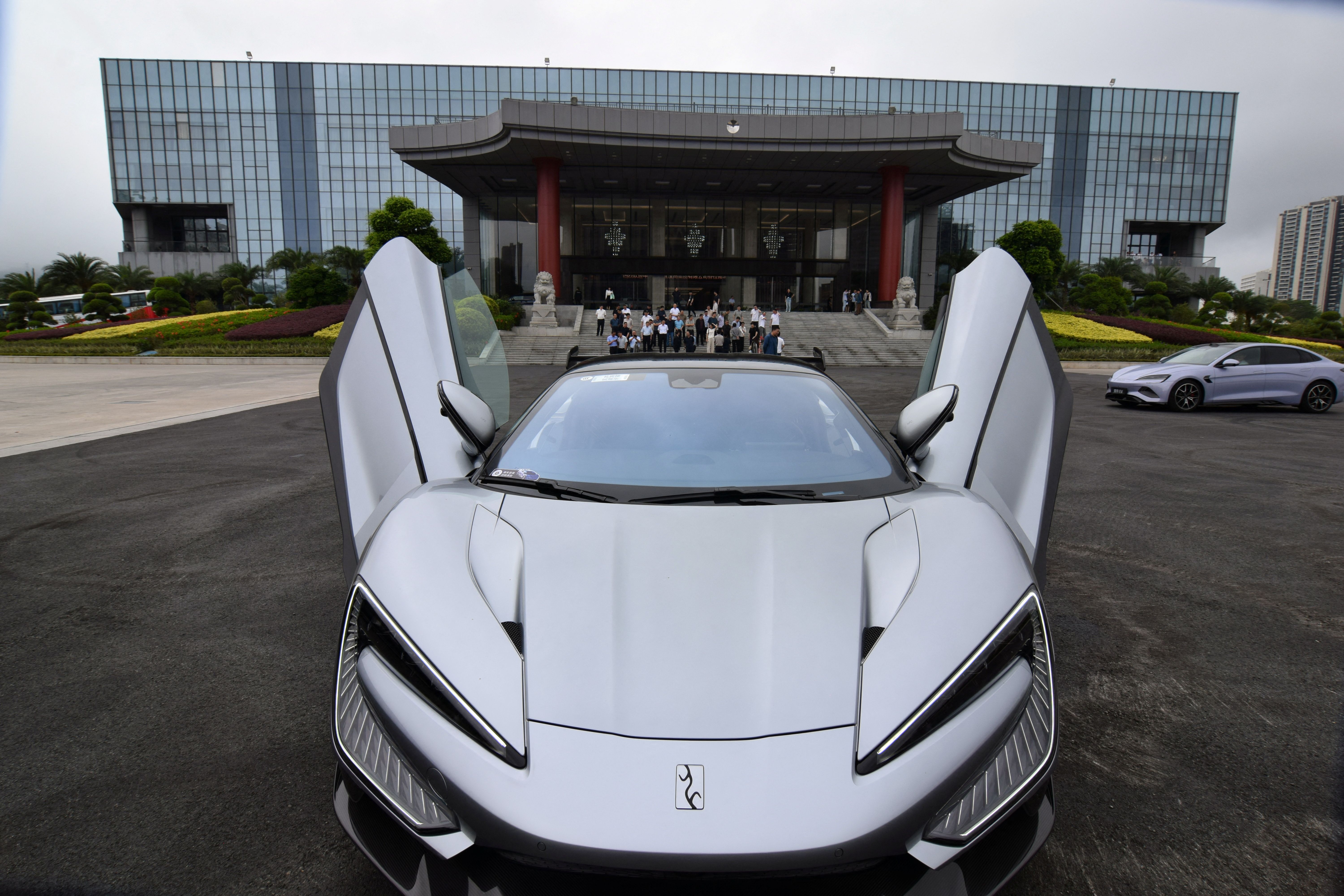 The BYD Yangwang U9, an electric supercar, sits in front of the Chinese automaker?s headquarters during test drives for visitors in Shenzhen, China, 