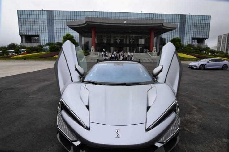 The BYD Yangwang U9, an electric supercar, sits in front of the Chinese automaker?s headquarters during test drives for visitors in Shenzhen, China,