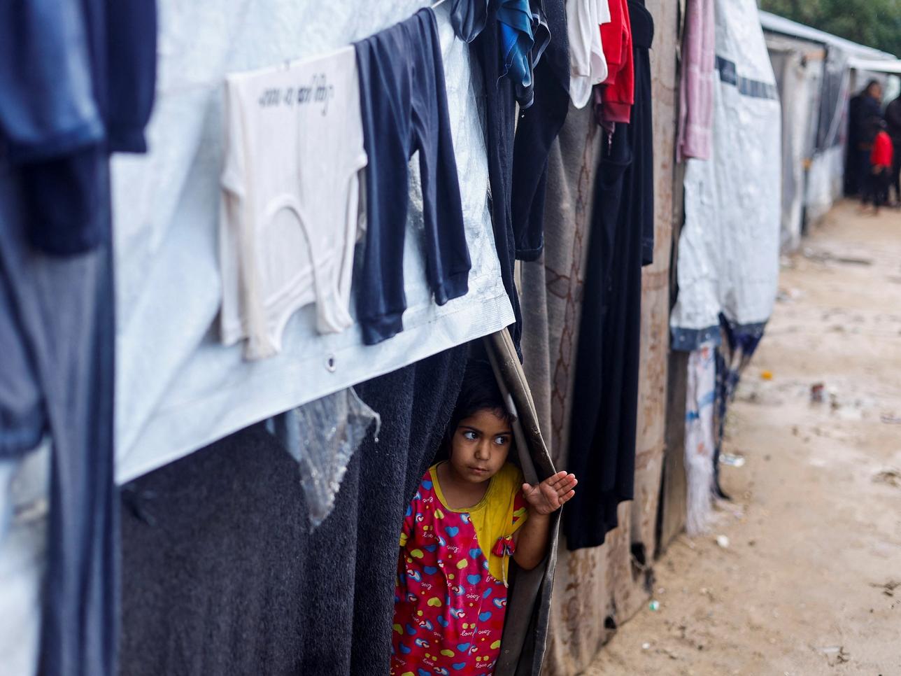 A displaced Palestinian girl looks out of a tent on a rainy day, amid the ongoing conflict between Israel and Hamas, in Rafah, in the southern Gaza Strip May 6, 2024.