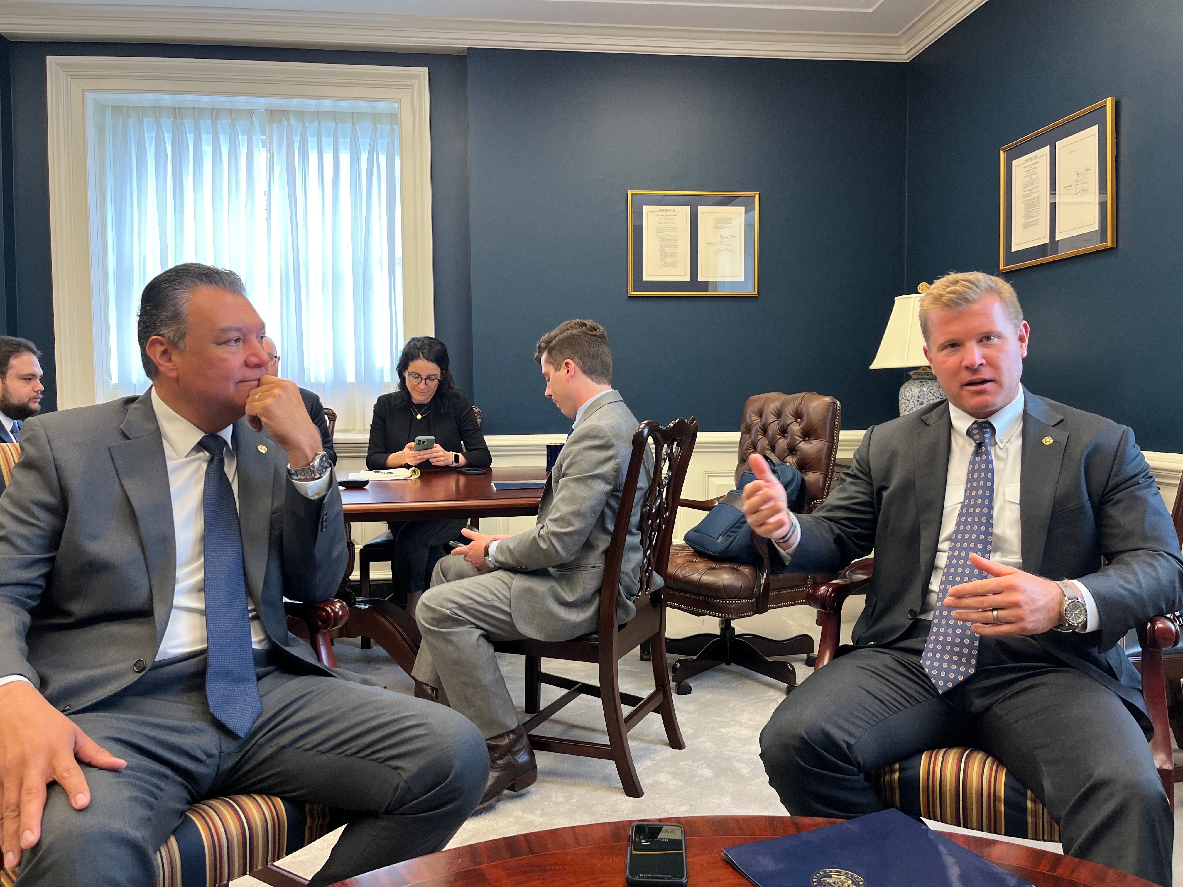 Sens. Alex Padilla, D-Calif., and Tim Sheehy, R-Mont., during their interview with Semafor.