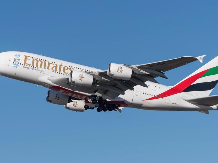 An Emirates aircraft in flight.