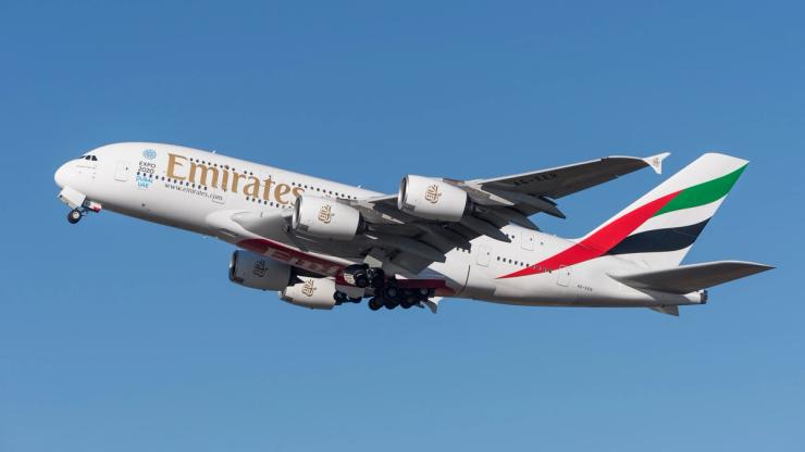 An Emirates aircraft in flight.