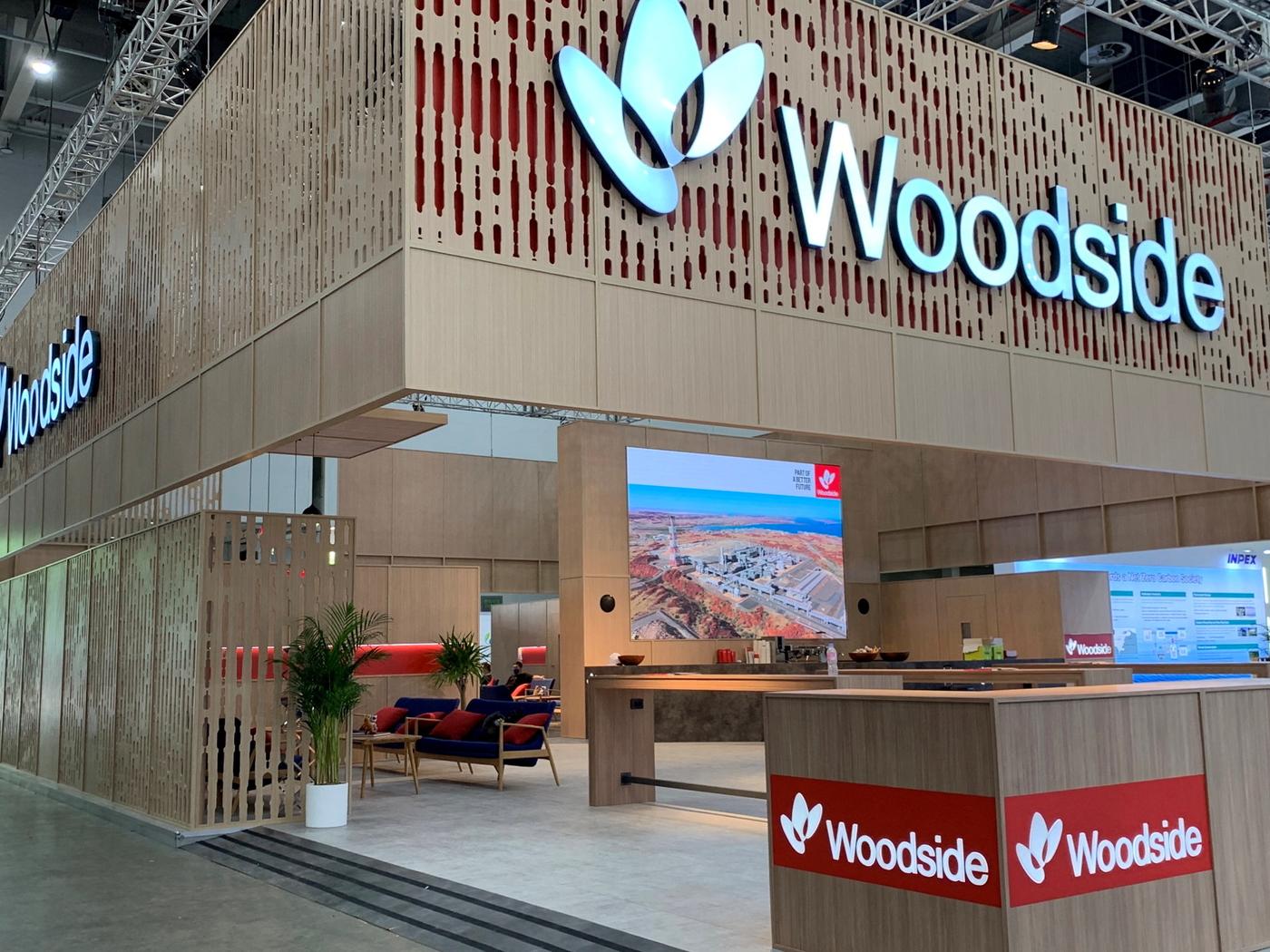 Australia's Woodside Energy Group's exhibition booth is seen at the World Gas Conference 2022 in Daegu, South Korea May 23, 2022. REUTERS/Florence Tan/File Photo