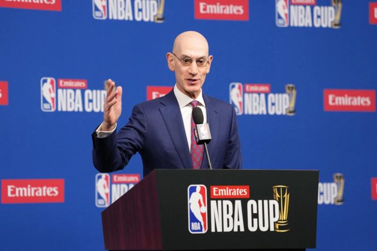 NBA commissioner Adam Silver speaks during press conference at the Emirates NBA Cup Final at T-Mobile Arena