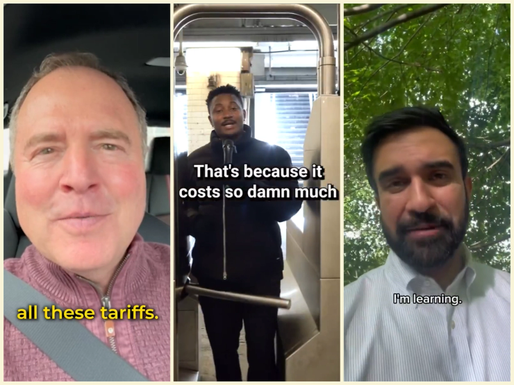 Screenshots of TikTok posts from Adam Schiff, Chi Ossé and Zohran Mamdani