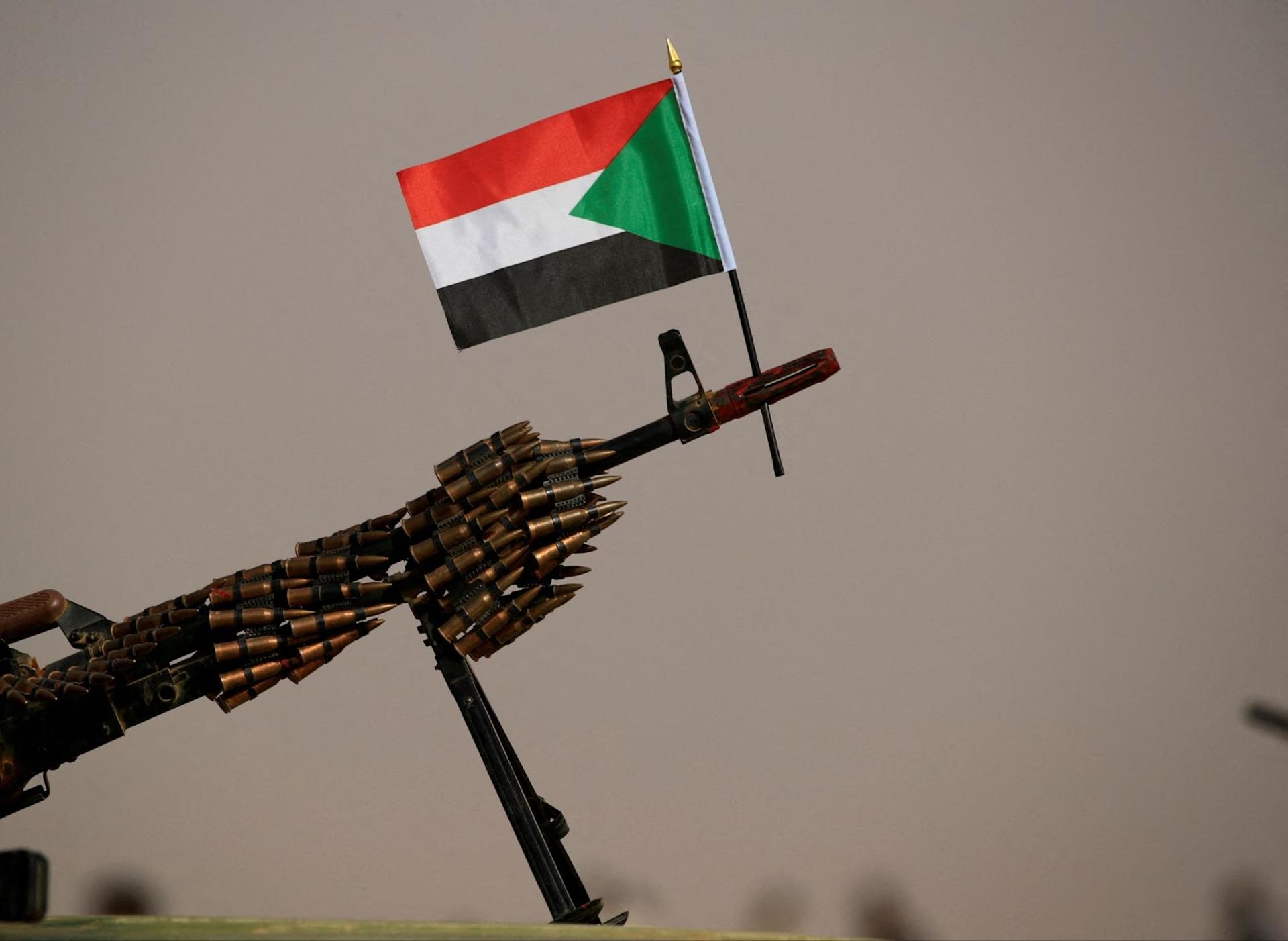 A Sudanese national flag is attached to a machine gun. 