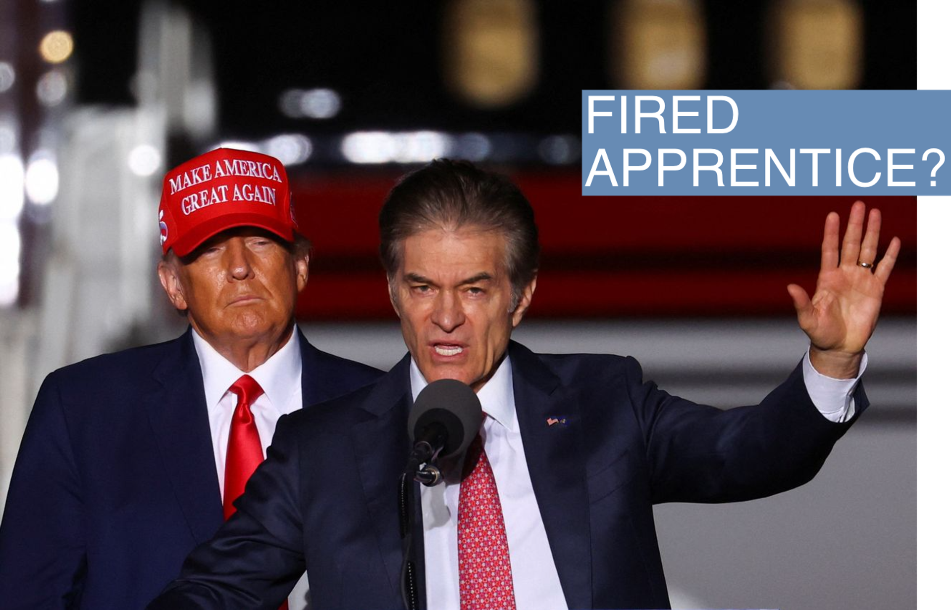 Former U.S. President Donald Trump looks on as Pennsylvania Republican U.S. Senate candidate Dr. Mehmet Oz speaks at a pre-election rally to support Republican candidates in Latrobe, Pennsylvania, U.S., November 5, 2022. 