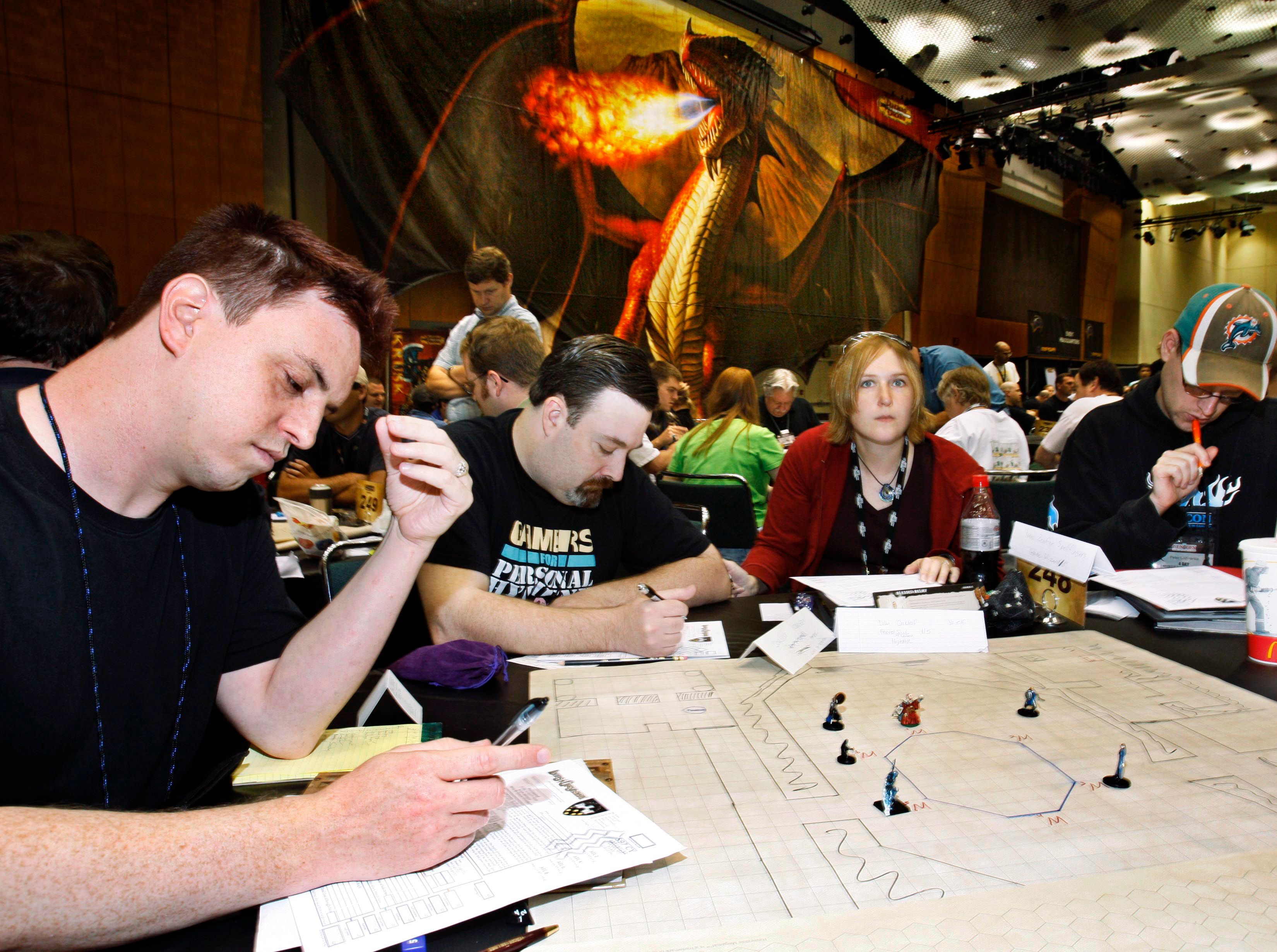 People playing Dungeons and Dragons.