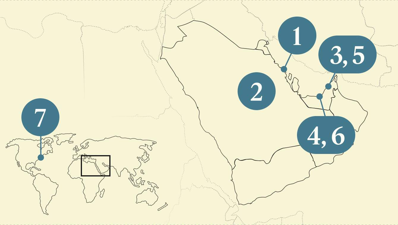 A numbered map of the Gulf region.