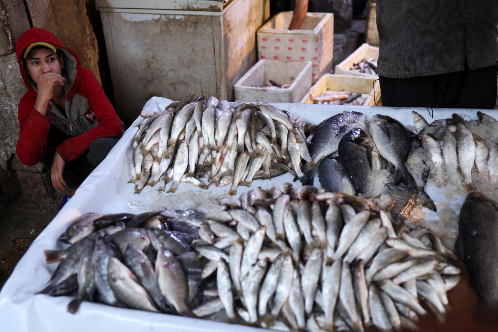 An Iraqi vendor shows different kinds of fish to customers at fish market at in Najaf, Iraq November 30, 2022.