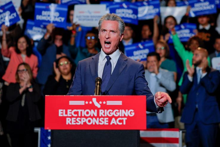 California Governor Gavin Newsom, along with local congressional representatives, state officials and supporters, speaks as he announces the redrawing of California’s congressional maps.