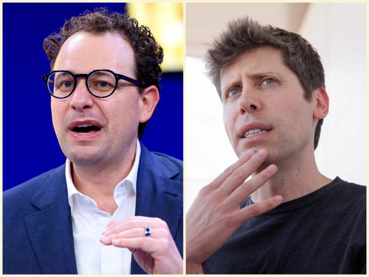 Split-image of Anthropic CEO Dario Amodei and OpenAI CEO Sam Altman