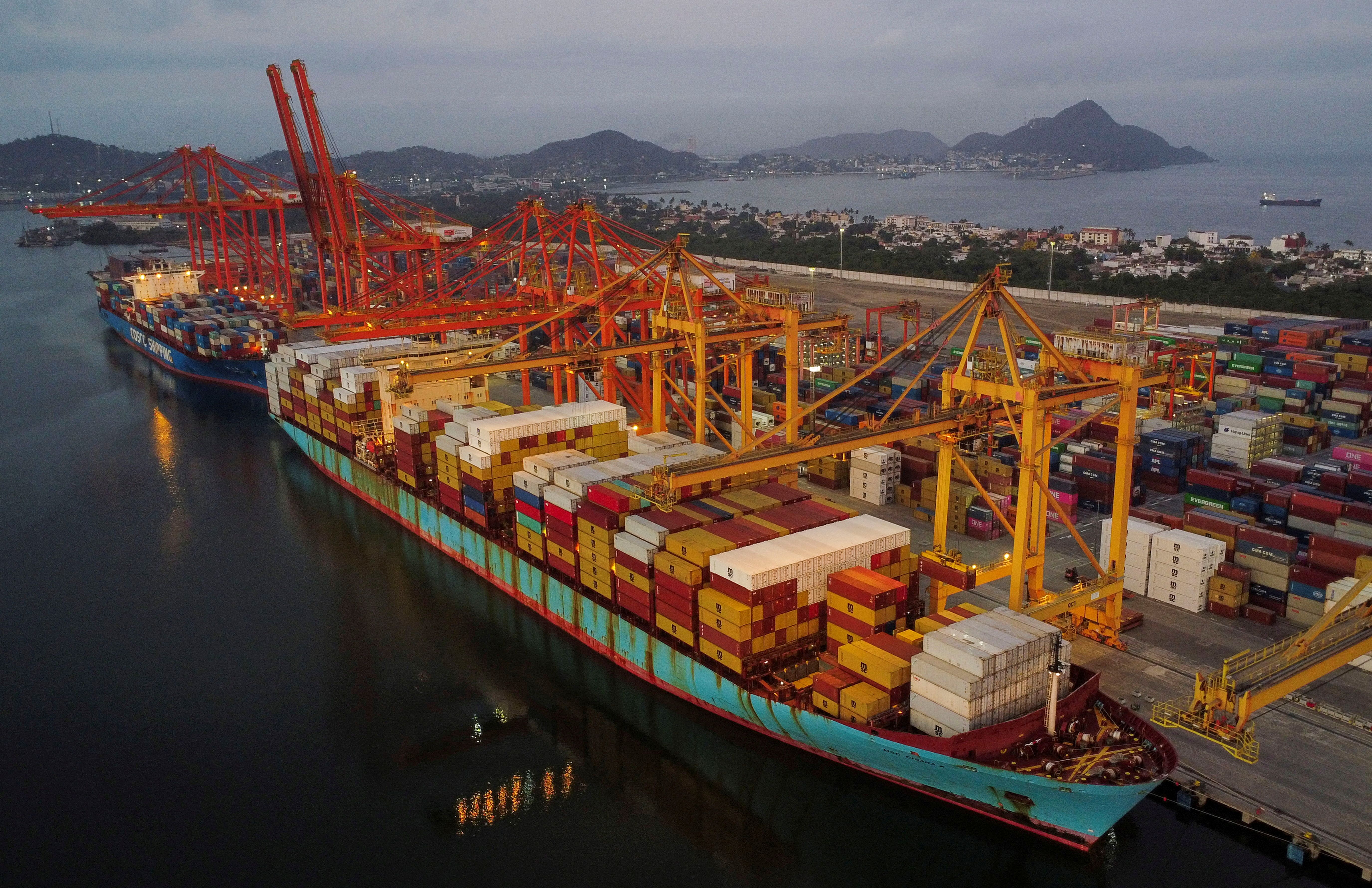 A drone view shows vessels docked at Manzanillo seaport in Mexico.
