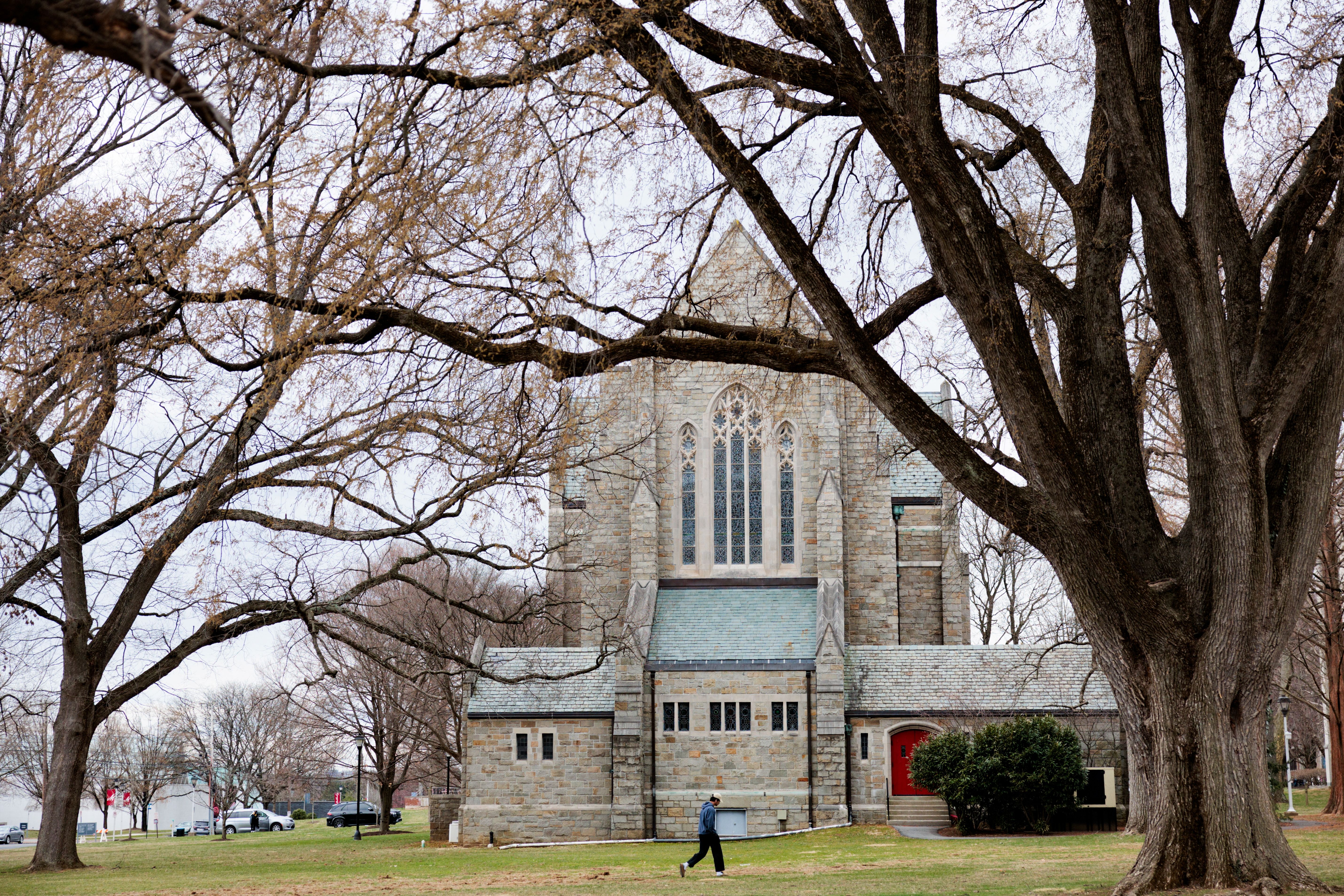 A person walks on campus at Muhlenberg College in Allentown, Pennsylvania