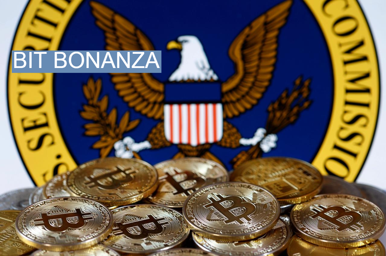 A visual representation of the digital cryptocurrency Bitcoin is displayed in front of Securities and Exchange Commission (SEC) logo. 