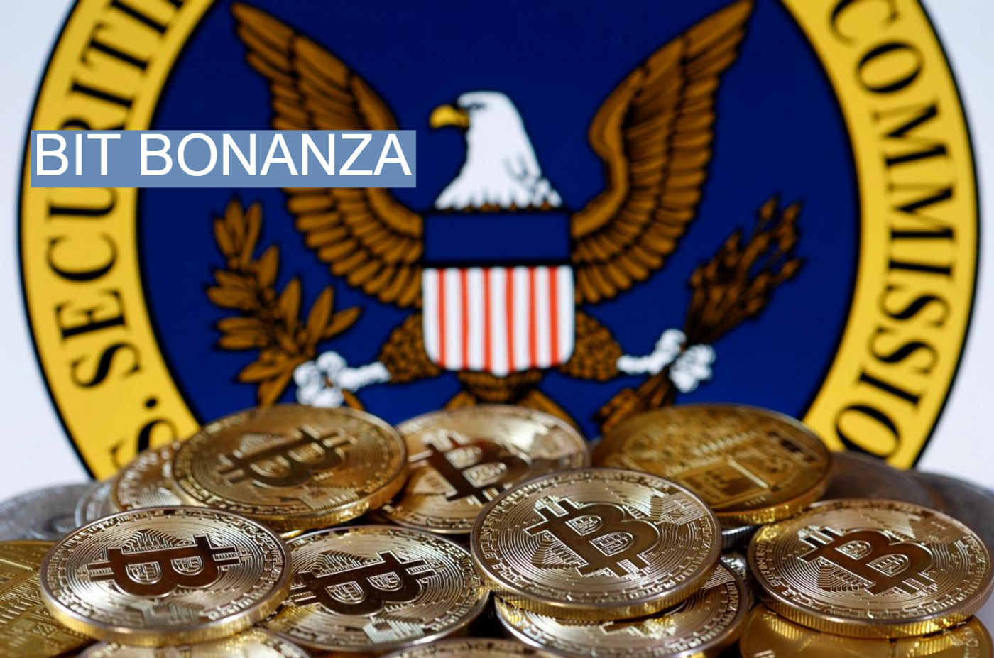 A visual representation of the digital cryptocurrency Bitcoin is displayed in front of Securities and Exchange Commission (SEC) logo. 