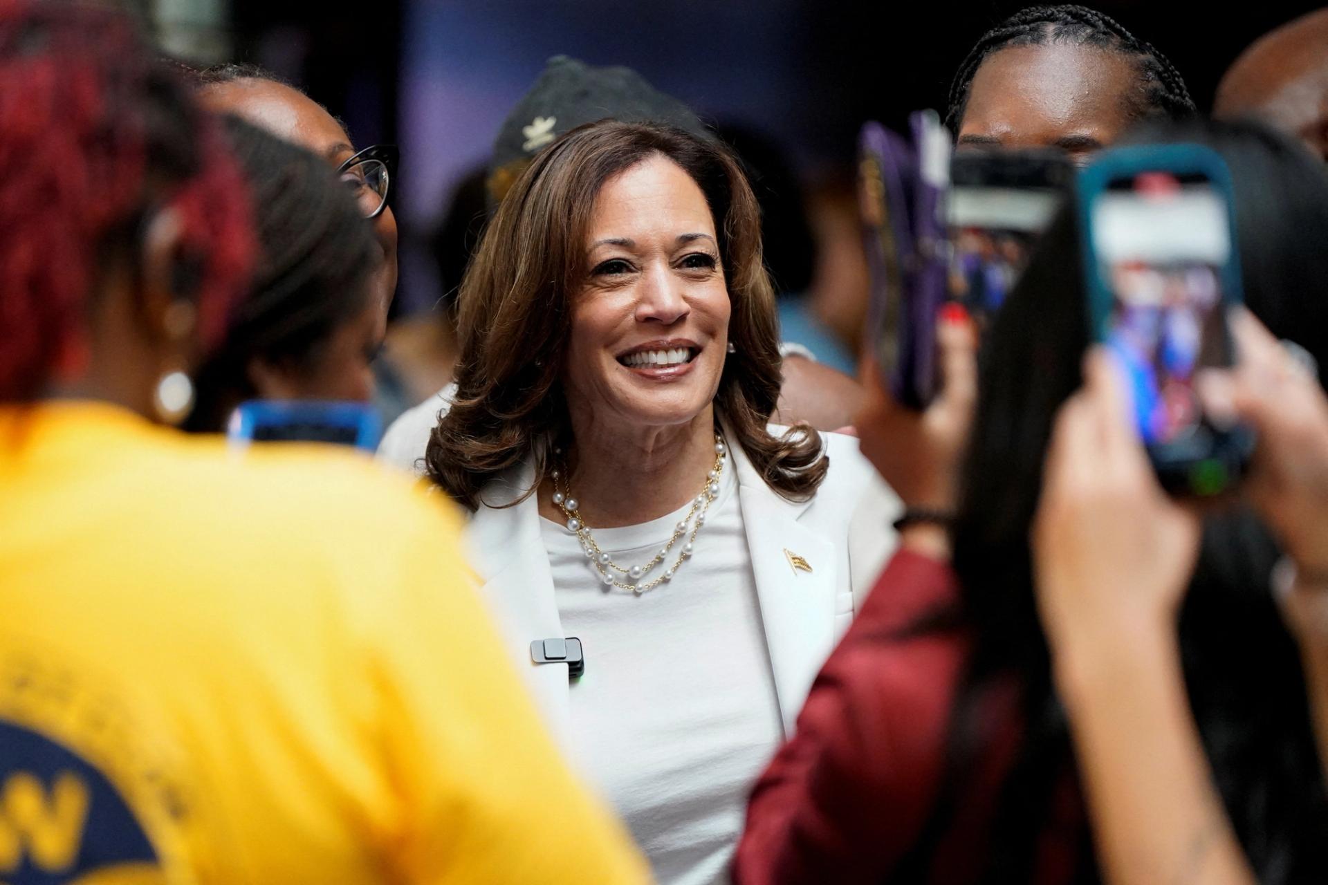 Democratic presidential nominee and U.S. Vice President Kamala Harris reacts, as she attends a volunteer appreciation event at The Grey restaurant in Savannah, Georgia, U.S., August 29, 2024. 