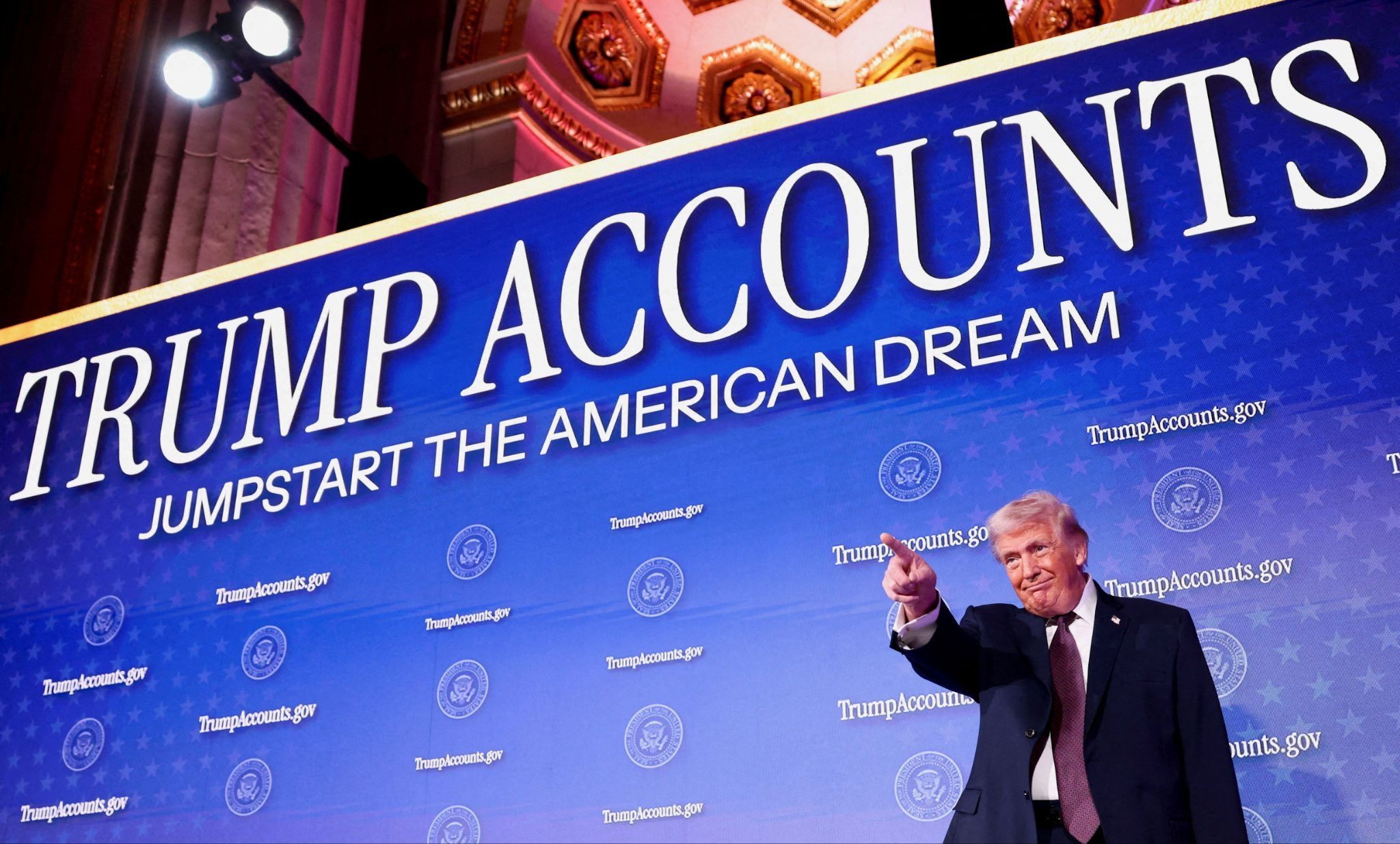 US President Donald Trump appears at a Washington, DC event for “Trump Accounts”