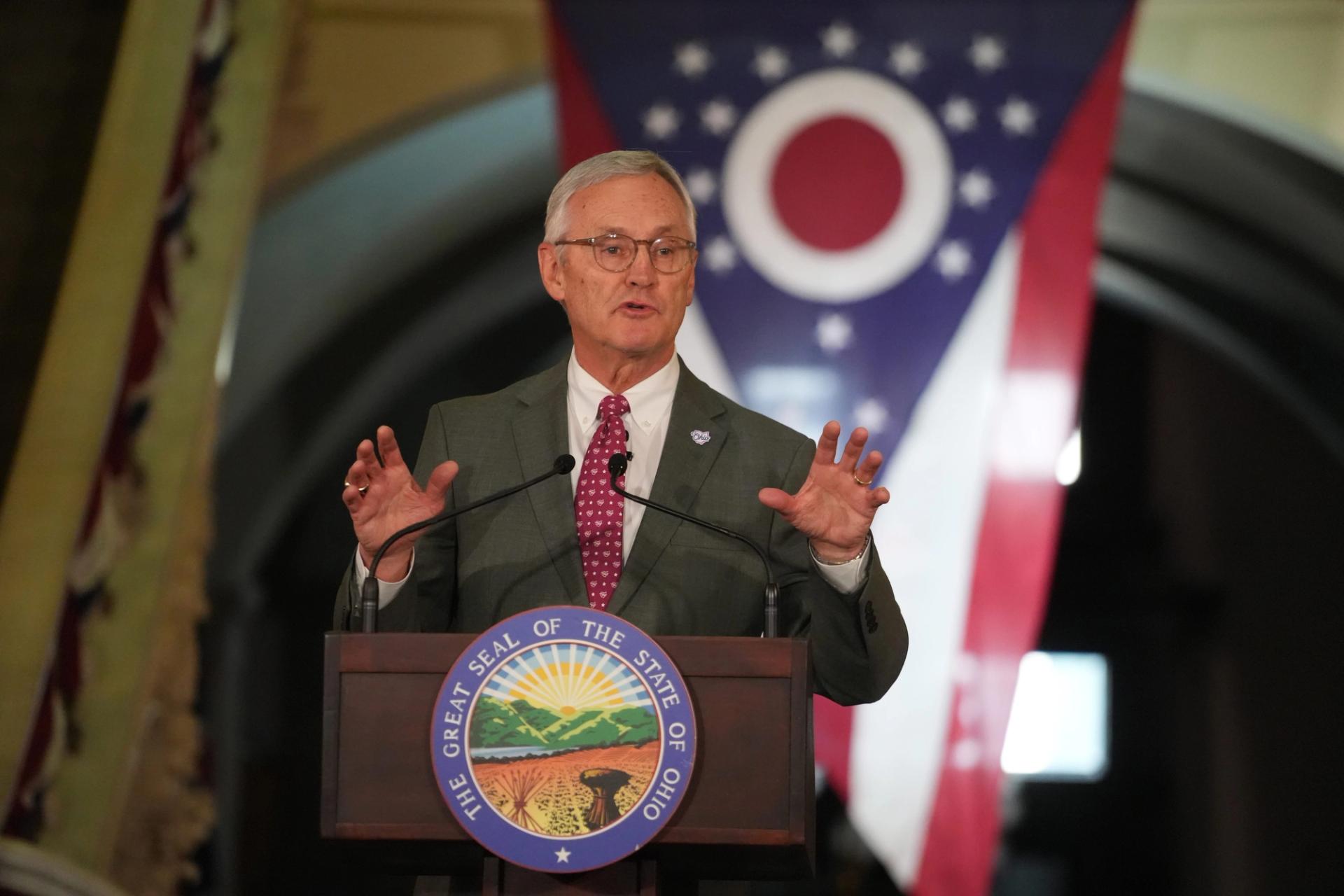 Ohio State football coach Jim Tressel speaks after being sworn in as Ohio’s Lt. Governor on Feb 14, 2025 i